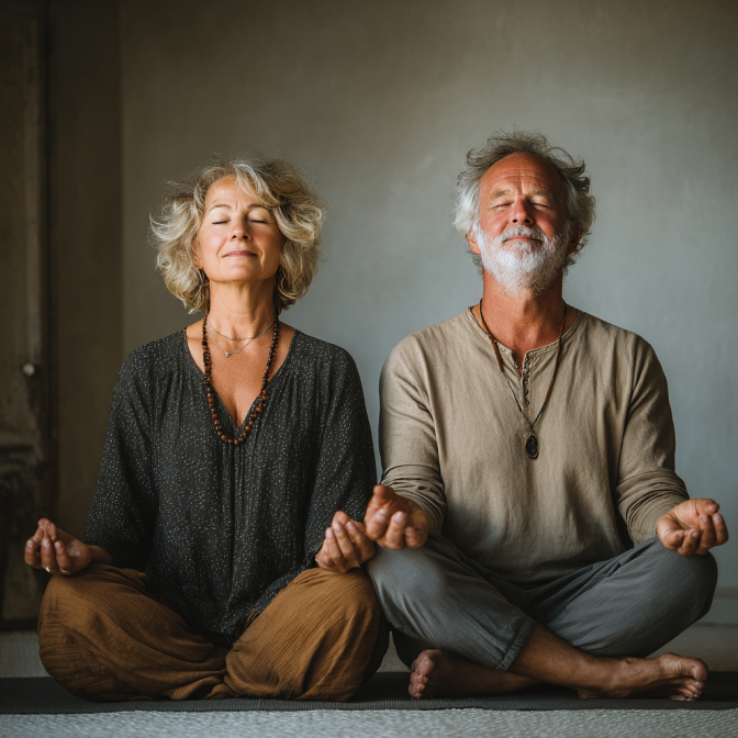 Senior practică yoga cu bucurie